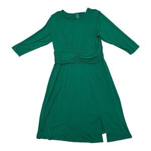 London Times Elegant Green Midi Dress Size 18 W Stretch 3/4 Sleeves Ruched Waist